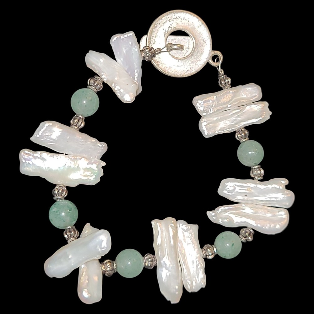 Freshwater Pearl Jade Bracelet 8 Inch Silver Clasp Baroque White Green - Picture 2 of 2